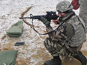 Photo courtesy of the U.S. Army French army 2nd Lt. Thomas Chappelet, a student at the French Combined Arms Academy in Brittany, France, qualifies with an M4 carbine during his visit to the 21st Theater Sustainment Command’s 902nd Vertical Engineer Company, 15th Engineer Battalion, 18th Engineer Brigade Feb. 9 in Grafenwöhr, Germany.