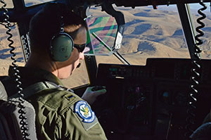 First Lt. Sean Jensen, 37th Airlift Squadron pilot, trains in combat airlift tactics above the Negev desert Feb. 4 in Israel. The 86th Airlift Wing conducted a flying training deployment with the Israeli air force in order to strengthen partnerships and maintain readiness for contingency operations.