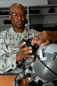 Tech. Sgt. Timothy Ledford, 86th Operations Support Squadron aircrew flight equipment craftsman, attaches night-vision goggles to a helmet Wednesday on Ramstein. Ledford was honored with the aircrew flight equipment NCO of the year award for his accomplishments.