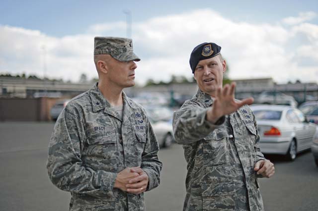 Photo by Airman 1st Class Michael StuartBrig. Gen. Bradley D. Spacy tours 86th AW Lt. Col. Troy Austin (right), 86th Security Forces Squadron commander, discusses a potential renovation and expansion of the security forces guard mount facility with Brig. Gen. Bradley D. Spacy, Headquarters U.S. Air Forces in Europe and Air Forces Africa director of logistics, installations and mission support, April 18 on Ramstein. Spacy is responsible for policy and guidance of aircraft maintenance, munitions maintenance, transportation, supply, logistics plans, civil engineering, security forces and contracting activities. 