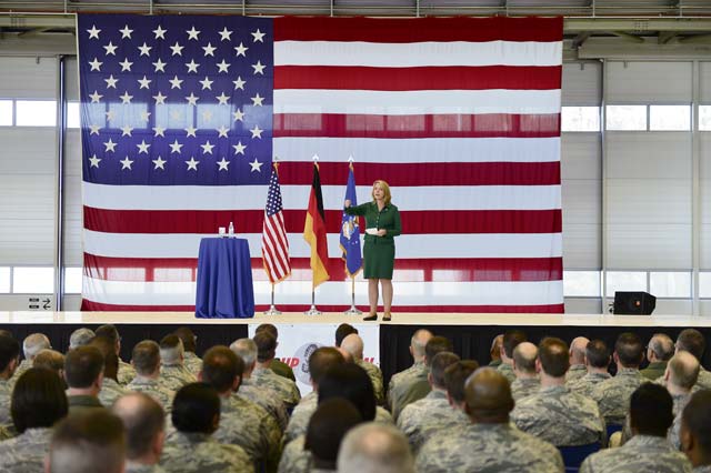 Photo by Tech. Sgt. Daylena S. RicksSecretary of the Air Force Deborah Lee James shares her top three priorities, Air Force challenges and the way ahead at an Airmen’s call Monday on Ramstein.