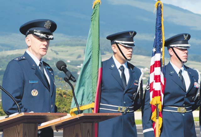 Lt. Gen. Timothy Ray, commander of the 3rd Air Force and 17th Expeditionary Air Force, speaks to members of the 65th Air Base Group during a redesignation ceremony Aug. 14 on Lajes Field, Azores, Portugal. With this redesignation ceremony, the 65th ABG is now aligned under the 86th Airlift Wing and remains positioned to provide agile combat support and services to aircraft and aircrew.