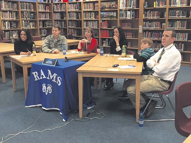 Courtesy photo Ramstein Middle School representatives participated in a Virtual Town Hall Meeting which included (from left to right) teacher Sequinn Lee; parents Chaplain (Capt.) Matthew Streett, Jennifer Cline and Suzanne Villella; student Austin Brindowski; and Principal Josh Adams.