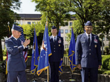 Gen. Jeffrey L. Harrigian, U.S. Air Forces in Europe and Air Forces Africa commander, left, congratulates Maj. Gen. Randall Reed, right, after he assumed command of the Third Air Force during the Third Air Force change of command at Ramstein Air Base, June 24. Due to COVID-19, the change of command ceremony omitted the passing of the guidon to ensure the participants’ safety. Photos by Staff Sgt. Devin Boyer