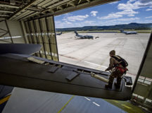 U.S. Air Force Tech. Sgt. Anthony Pennington, 305th Maintenance Squadron aero repair technician, Joint Base McGuire-Dix-Lakehurst, New Jersey, conducts repairs on a C-17 Globemaster III at Ramstein Air Base, July 7. Pennington and his team were sent to Ramstein to conduct major repairs on the aircraft after it suffered damage from a lightning strike during a flight to a deployed location.