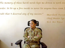 U.S. Air Force Chief Master Sgt. Maribeth Ferrer, 39th Medical Group superintendent, poses for a photo in her office June 22, at Incirlik Air Base, Turkey. Ferrer faced discrimination as a woman of color in the early stages of her Air Force career, and now fights to create a culture where all Airmen feel safe and welcome.