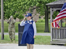 Lt. Col. Hallie Herrera salutes during her change of command ceremony at Fort George G. Meade, Md., June 16. Hererra, who was eight months pregnant at the time, took command of the 22nd Intelligence Squadron.