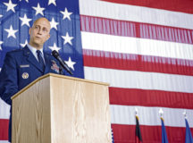 U.S. Air Force Brig. Gen. Joshua M. Olson, 86th Airlift Wing commander, provides remarks during a change of command ceremony at Ramstein Air Base, Aug. 7. Prior to assuming his current position, Olson was the executive officer to the commander of U.S. Transportation Command, Scott Air Force Base, Illinois.
Photo by Airman 1st Class Jennifer Gonzales