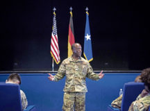 U.S. Air Force Brig. Gen. Ronald E. Jolly, Headquarters U.S. Air Forces in Europe – Air Forces Africa engineering and force protection director of logistics, speaks with Airmen during a forum at Ramstein Air Base, Germany, Aug. 11, 2020. Jolly spoke about his experiences of being a Black man in the U.S. Air Force and how he learned to control his emotions when making decisions. (U.S. Air Force photo by Senior Airman Milton Hamilton)