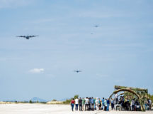 U.S. C-130J Super Hercules aircraft assigned to the 37th Airlift Squadron and Bulgarian C-27J Spartan aircraft approach the drop zone during Thracian Summer 2020 media day at Cheshnegirovo landing zone, Bulgaria, Aug. 19, 2020. The 37th AS dropped container delivery systems and Bulgarian air force parajumpers during the demonstration of their unique capabilities. (U.S. Air Force photo by Tech. Sgt. Devin Nothstine)