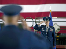 Gen. Jacqueline D. Van Ovost, commander of Air Mobility Command, returns her first salute to Lt. Gen. Brian Robinson, AMC deputy commander, during the AMC change of command ceremony at Scott Air Force Base, Ill., Aug. 20. AMC provides rapid, global mobility and sustainment for America’s armed forces. Photo by Senior Airman Solomon Cook
