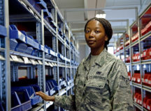 U.S. Air Force Airman 1st Class Shania Holloway, 86th Logistics Readiness Squadron aerial parts store journeyman, poses for a photo at Ramstein Air Base, Germany, Sept. 3, 2020. Holloway was recognized as Airlifter of the Week, a program highlighting outstanding Airmen assigned to the 86th Airlift Wing. (U.S. Air Force photo by Staff Sgt. Nesha Humes Stanton)