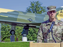 U.S. Air Force Brig. Gen. Josh Olson, 86th Airlift Wing commander, gives opening remarks at an RF-4C Phantom II aircraft refurbishment and recognition ceremony at Ramstein Air Base, Germany, Sept. 17, 2020. Leadership recognized the accomplishments of all the volunteers that rebuilt the RF-4C on static display at the Northside Fitness Center traffic circle. (U.S. Air Force photo by Airman 1st Class John R. Wright)