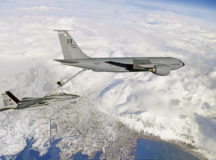 A KC-135 Stratotanker assigned to the 100th Air Refueling Wing and an F-15C Eagle assigned to the 493rd Fighter Squadron conduct routine aerial operations in support of Bomber Task Force Europe over Keflavik, Iceland, March 17, 2020. Bomber missions provide opportunities to train and work with NATO allies and theater partners in combined and joint operations and exercises. (U.S. Air Force photo/ Master Sgt. Matthew Plew)