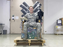 U.S. Air Force Staff Sgt. Jordan Anthony,  86th Communications Squadron cyber vulnerability management supervisor, sits on the 86th CS throne, Ramstein Air Base, Germany, Sept. 14, 2020. Anthony coordinated an effort to salvage valuable data servers, saving $265 million in assets for the Air Force. (U.S. Air Force Photo by Senior Airman Noah D. Coger)