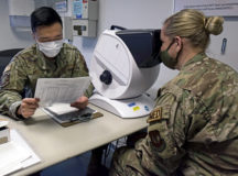 U.S. Air Force Tech Sgt. Sung Min Son, 86th Medical Group flight medicine technician, performs an eye examination at Ramstein Air Base, Germany, Oct. 13, 2020. Son is part of The Language Enabled Airman Program, which teaches many different languages, varying from Spanish to Arabic. (U.S. Air Force photo by Airman 1st Class Taylor D. Slater)