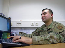 U.S. Air Force Tech. Sgt. Cesar Soto-Betancourt, 86th Dental Squadron general dentistry   noncommissioned officer in charge, types an enlisted performance report at Ramstein Air Base, Germany, Nov. 23, 2020. Part of Soto-Betancourt’s daily job involves administrative duties. (U.S. Air Force photo by Airman 1st Class Jennifer Gonzales)