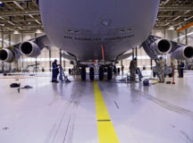 A C-5 Super Galaxy aircraft is placed on aircraft jacks at Ramstein Air Base, Germany, Dec. 11, 2020. Airmen from Incirlik AB, Rota AB, Sapngdahlem AB and Ramstein AB used the aircraft, which is assigned to Dover AFB, Delaware, to learn how to provide effective maintenance to the airframe. (U.S. Air Force photo by Senior Airman Thomas Karol)