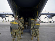 U.S. Army paratroopers assigned to the 1st Squadron (Airborne), 91st Cavalry Regiment, 173rd Airborne Brigade, assigned to Grafenwoehr Training Area, Germany, board a C-130J Super Hercules aircraft at Ramstein Air Base, Germany, Jan. 20, 2021. The 37th Airlift Squadron provided air assets and air crew personnel during the paratroopers’ jump qualification. (U.S. Air Force photo by Senior Airman Milton Hamilton)