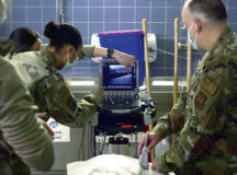 U.S. Air Force Airmen assigned to an 86th Medical Group Ground Surgical Team observe an ultrasound demonstration and skills station during a training in the simulation center at Landstuhl Regional Medical Center, Germany, Feb. 9, 2021. Each GST is composed of an anesthesiologist, clinical nurse, emergency services physician, general surgeon, health services administrator and surgical services craftsman. (U.S. Air Force photo by Senior Airman John R. Wright)