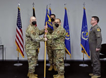 U.S. Air Force Lt. Col. Jesse Palchick, 19th Electronic Warfare Squadron commander, right, assumes command of the 19th EWS at an assumption of command ceremony at Polygone, Bann, Germany, May 11, 2021. The USAFE-AFAFRICA Warfare Center Detachment 3, Polygone, became the 19th Electronic Warfare Squadron May 11. The squadron activation process has been in development since 2019. (U.S. Air Force photo by Senior Airman Taylor D. Slater)