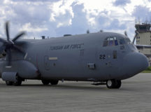 A Tunisian air force C-130J Super Hercules aircraft taxis the runway at Ramstein Air Base, Germany, July 26, 2021. 25,000 pounds of lifesaving oxygen and equipment were loaded onto the aircraft to be transported to Tunisia to combat the ongoing COVID-19 pandemic. (U.S. Air Force photo by Staff Sgt. Emmeline James)