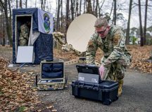 U.S. Air Force Senior Airman Nathaniel De Los Reyes, 1st Air and Space Communications Squadron intel server operations technician, demonstrates the setup of BlackNet equipment at Ramstein Air Base, Germany, Jan. 20, 2023. BlackNet is an all-network transport system capable of operating in all environments using various transport systems, including military or civilian satellites and Long-Term Evolution (LTE). BlackNet allows warfighters within U.S. Air Forces in Europe – Air Forces Africa to remain connected to communications networks and execute command and control anytime, anywhere. (U.S. Air Force Photo by Staff Sgt. Megan M. Beatty)