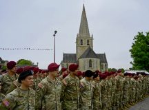 U.S. Army and Air Force members stand in a formation during a D-Day 79 ceremony to honor fallen aircrew and paratroopers during D-Day in Picauville, France, June 1. The U.S. service members in Normandy this year are honored to be part of the D-Day legacy – which includes the heroism of French resistance fighters. Together, our shared history is built on a foundation of collective values.
