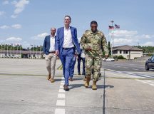 U.S. Air Force Brig. Gen. Otis C. Jones, 86th Airlift Wing commander, right, shows Michael Ebling, State Secretary of Rheinland-Pfalz, the flight line at Ramstein Air Base, July 10. As the State Secretary, Ebling manages many different matters in Rheinland-Pfalz and is involved in the functions of the base and how it affects the local area.