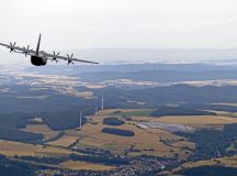 A U.S. Air Force C-130J Super Hercules aircraft, assigned to the 86th Airlift Wing, flies over Ramstein Air Base, July 21. U.S. Air Forces in Europe personnel live, train and operate across the continent by dropping cargo, transporting military personnel and deploying paratroopers.