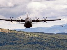 U.S. Air Force C-130J Super Hercules aircraft pilots, from the 37th Airlift Squadron, Ramstein Air Base, Germany, fly in a three plane formation with Bulgarian NATO allies during Thracian Summer 2023 in low level mountain flying out of Bezmer Air Base, Bulgaria, Aug. 9, 2023. This exercise provided field training requirements and enhanced interoperability with allies and partners. (U.S. Air Force photo by Airman 1st Class Jordan Lazaro)
