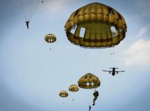 U.S., Dutch, U.K., Italian, Romanian, Polish, Greek, Spanish, Portuguese, French and German Soldiers participate in static line and free fall jumps as a part of the Market Garden 79-year anniversary within Falcon Leap 23 in Ginkelse Heide, Netherlands, Sep. 16, 2023. FALE23 is a Royal Dutch military-led, multinational, joint technical airborne exercise designed to enhance interoperability of participating NATO airborne forces and aircrews in personnel and equipment parachuting operations in Arnhem, Netherlands, from Sep. 2-17, 2023. Falcon Leap is NATO’s largest technical airborne exercise which also includes ceremonies commemorating the 79th anniversary of Operation Market Garden. Photo by Spc. Samuel Signor