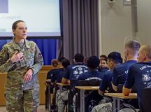 U.S. Air Force Col. Christine Campbell, Landstuhl Regional Medical Center chief medical officer, briefs junior reserve officers training corps cadets at LRMC, Germany, June 10, 2024. This annual week-long U.S. Air Force JROTC sponsored cadet leadership course teaches cadets about leadership by giving them opportunities to lead their peers, learn from experienced leaders around the KMC and put them in tough positions, where the cadets learn how to come up with a solution. (U.S. Air Force photo by Airman 1st Class Trevor Calvert)