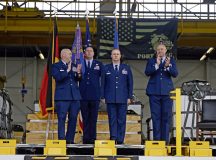 U.S. Air Force Lt. Col. Austin Deeney, 86th Logistics Readiness Squadron commander, stands at attention after assuming command during a change of command ceremony at Ramstein Air Base, June 17. The 86th LRS is responsible for maintaining protective equipment for more than 10,000 personnel across Ramstein AB.Photo by Staff Sergeant Johnny Foister