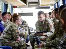 U.S. Air Force Brig. Gen. Adrienne L. Williams, 86th Airlift Wing commander, receives a briefing by Capt. Andrew Perham, 786th Civil Engineering Squadron operations engineering chief, at Ramstein Air Base, Germany, June 28, 2024. The 86th CEG planning and integration section provides a comprehensive framework to enable strategic and long-term planning through development of investment strategies such as developing installation engineering multi-year work plans and supporting installation programmers  (U.S. Air Force photo by Senior Airman Renan Arredondo)