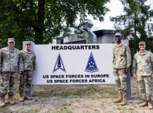 From left to right, U.S. Space Force Chief of Space Operations Gen. Chance Saltzman, Col. Max E. Lantz,  U.S. Space Forces Europe – Space Forces Africa commander, Brig. Gen. Jacob Middleton, Deputy Director for Operations, Joint Staff, National Military Command Center, and Chief Master Sgt. Alex Birkle, SPACEFOREUR-AF command senior enlisted leader, stand for a group photo at Ramstein Air Base, Germany, Aug. 12, 2024. Activated at Ramstein Air Base on Dec. 8, 2023, SPACEFOREUR-AF is responsible for a wide range of space operations including the space situational awareness mission and security cooperation in support of the two combatant commands’ objectives. (U.S. Air Force photo by Senior Airman Edgar Grimaldo)