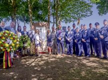 Leaders from the 86th Airlift Wing, German air force, NATO Allied Air Command, local civic leaders and members from the Rhineland-Pfalz Historical Research Community pose for a photo in Mechtersheim, Germany, August 24, 2024.The leaders met to honor nine fallen members at the crash site of a B-17G Flying Fortress callsigned The Black Widow. (U.S. Air Force photo by Airman 1st Class Olivia Sampson)