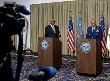 Secretary of Defense Lloyd J. Austin III and Gen. CQ Brown Jr., chairman of the Joint Chiefs of Staff, hold a press conference during the Ukraine Defense Contact Group at Ramstein Air Base, Germany, Sept 6, 2024. Defense leaders from around the world demonstrated their unwavering support for Ukraine since Russia’s assault on democracy and international order in Ukraine during the UDCG meeting. (U.S. Air Force photo by Airman 1st Class Eve Daugherty)