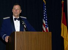 RAMSTEIN AIR BASE, Germany - U.S. Air Force Lt. Gen. Dagvin R. M. Anderson, Director for Joint Force Development, speaks at the Air Force Ball at Ramstein Air Base, Germany, October 5, 2024. Anderson served as the guest speaker at the ball, an event organized by the 86th Logistics Readiness Group to celebrate 77 years of Air Force heritage with the Ramstein community. (U.S. Air Force photo by Staff Sgt. Alexandra M. Longfellow)