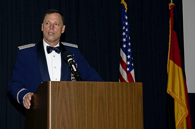 RAMSTEIN AIR BASE, Germany - U.S. Air Force Lt. Gen. Dagvin R. M. Anderson, Director for Joint Force Development, speaks at the Air Force Ball at Ramstein Air Base, Germany, October 5, 2024. Anderson served as the guest speaker at the ball, an event organized by the 86th Logistics Readiness Group to celebrate 77 years of Air Force heritage with the Ramstein community. (U.S. Air Force photo by Staff Sgt. Alexandra M. Longfellow)