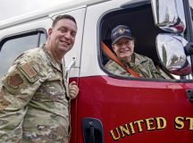 U.S. Air Force Chief Master Sgt. Louis J. Ludwig, 86th Airlift Wing command chief, and U.S. Air Force Brig. Gen. Adrienne L. Williams, 86th Airlift Wing commander, prepare for the Fire Prevention Week parade Oct. 19, 2024, at Ramstein Air Base, Germany. Former President Calvin Coolidge proclaimed Fire Prevention Week a national observance in 1925, which makes it the longest-running national health observance in the United States. (U.S. Air Force photo by Senior Airman Kaitlyn Oiler)