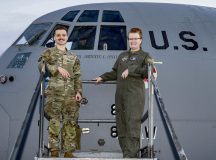 U.S. Air Force Senior Airman Zachary Burgess, 86th Aircraft Maintenance Squadron crew chief, poses with Brig. Gen. Adrienne L. Williams, 86th Airlift Wing commander during a name reveal at Ramstein Air Base, Germany, Oct. 25, 2024. Williams took command of the 86th Airlift Wing in May 2024 and following Air Force tradition, had an aircraft named after her as the new 86th AW commander. (U.S. Air Force photo by Airman 1st Eve Daugherty)