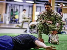 U.S. Army Sgt. 1st Class Diego Hernandez, wheeled vehicle mechanic, 21st Theater Sustainment Command, grades a German Bundeswehr (Rank, Name, Job, Unit) conducts an Army Combat Fitness Test which was the opening event for the 21st Theater Sustainment Command hosted German-American Partnership Event on Rhine Ordnance Barracks, Kaiserslautern, Germany, on Oct. 22, 2024. The purpose of this Partnership Event is to build upon the partnership with the 21st TSC's host nation allies. (U.S. Army photo by Spc. Samuel Signor)