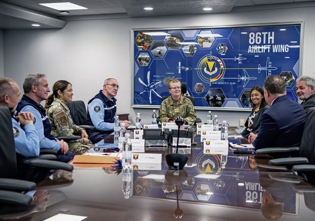 86th Airlift Wing leadership and French Air and Space Gendarmerie leadership discuss their respective missions at Ramstein Air Base, Germany, Nov. 6., 2024. The French Air and Space Force members were in Germany to tour the 86th AW and meet with U.S. Air Force Brig. Gen. Adrienne L. Williams, 86th AW commander, to discuss the importance of interoperability with U.S. and NATO allies both in Europe and abroad to advance the Alliance’s priorities. (U.S. Air Force photo Technical Sergeant Miquel Jordan)