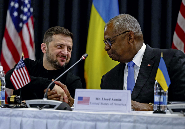 Ukraine President Volodymr Zelensky and U.S. Secretary of Defense Lloyd J. Austin III shake hands at the end of opening remarks during the Ukraine Defense Contact Group at Ramstein Air Base, Germany, Jan. 9, 2025. Leaders from nearly 50 nations attended the UDCG’s 25th iteration to discuss the ongoing crisis in Ukraine and coordinate continued support to the nation in its defense against Russia. The event also marked Austin’s last UDCG as the U.S. Defense Secretary. (U.S. Air Force photo by Senior Airman Jordan Lazaro)