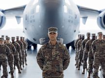 Col. Michael Garrot, 521st Air Mobility Operations Wing deputy commander, stands at parade rest while leading a formation at a change of command ceremony at Ramstein Air Base, Germany, July 3, 2024. During the ceremony, Col. Jordan Norman replaced Col. Dan Cooley as 521 Air Mobility Operations Wing commander after serving as the commander of the 305th Operations Group at Joint Base McGuire-Dix-Lakehurst. The 521 AMOW, commonly referred to as the en route, is charged with providing command and control, en route aircraft maintenance, air transportation services, expeditionary aircrew support and inter-theater aeromedical evacuation for theater and strategic air mobility missions in Europe, Africa, and Southwest Asia. (U.S. Air Force photo by Staff Sgt. Jacob R. Smith)