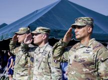 U.S. Soldiers with the Landstuhl Regional Medical Center render honors during a change of responsibility ceremony, Aug. 29. 2024 at Landstuhl, Germany. Command Sgt. Maj. Jorge L. Oquendo assumed responsibility of the unit from Command Sgt. Maj. Omar A. Mascarenas. (DoD Photo by Travis Jones)